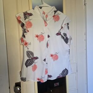 SHEIN White and Pink Floral Button Down Shirt